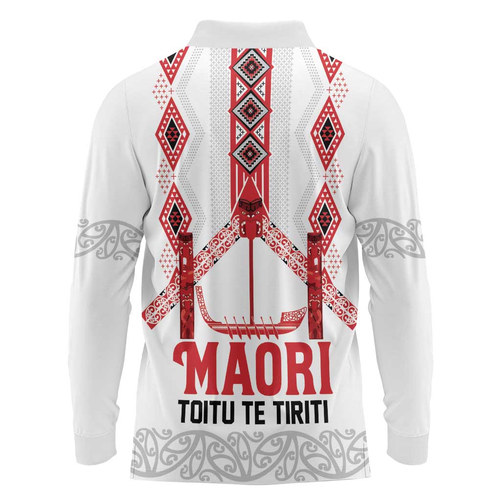 Toitu Te Tiriti Waitangi Long Sleeve Polo Shirt White Wharenui House - Aussie Hoodie