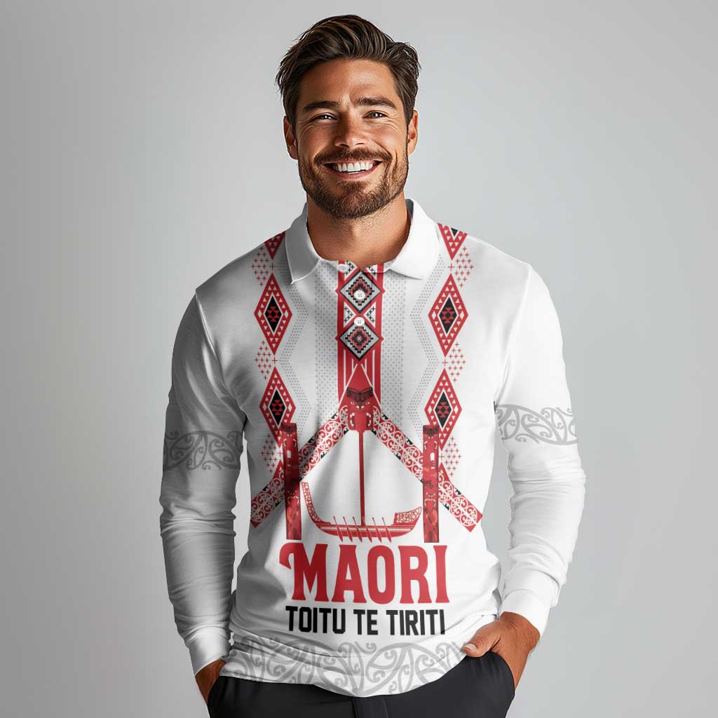 Toitu Te Tiriti Waitangi Long Sleeve Polo Shirt White Wharenui House - Aussie Hoodie