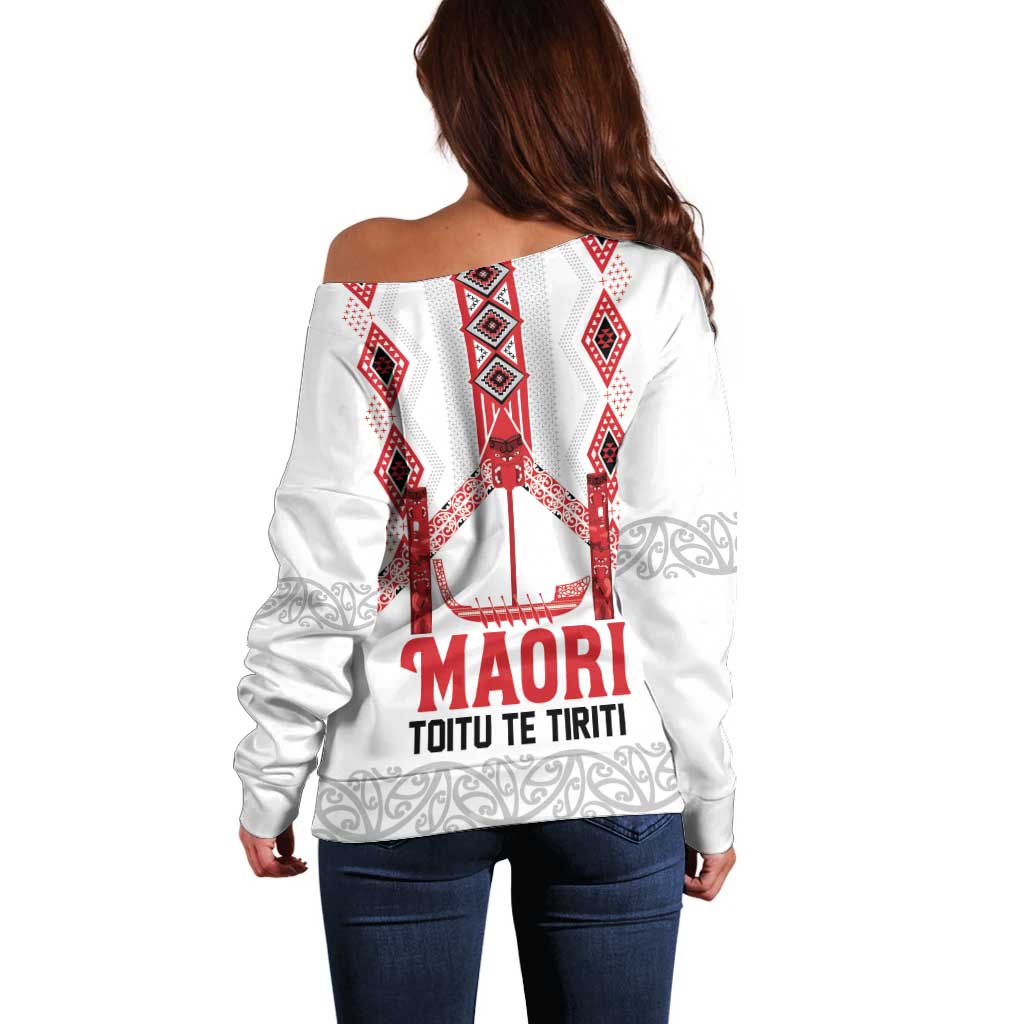 Toitu Te Tiriti Waitangi Off Shoulder Sweater White Wharenui House - Aussie Hoodie