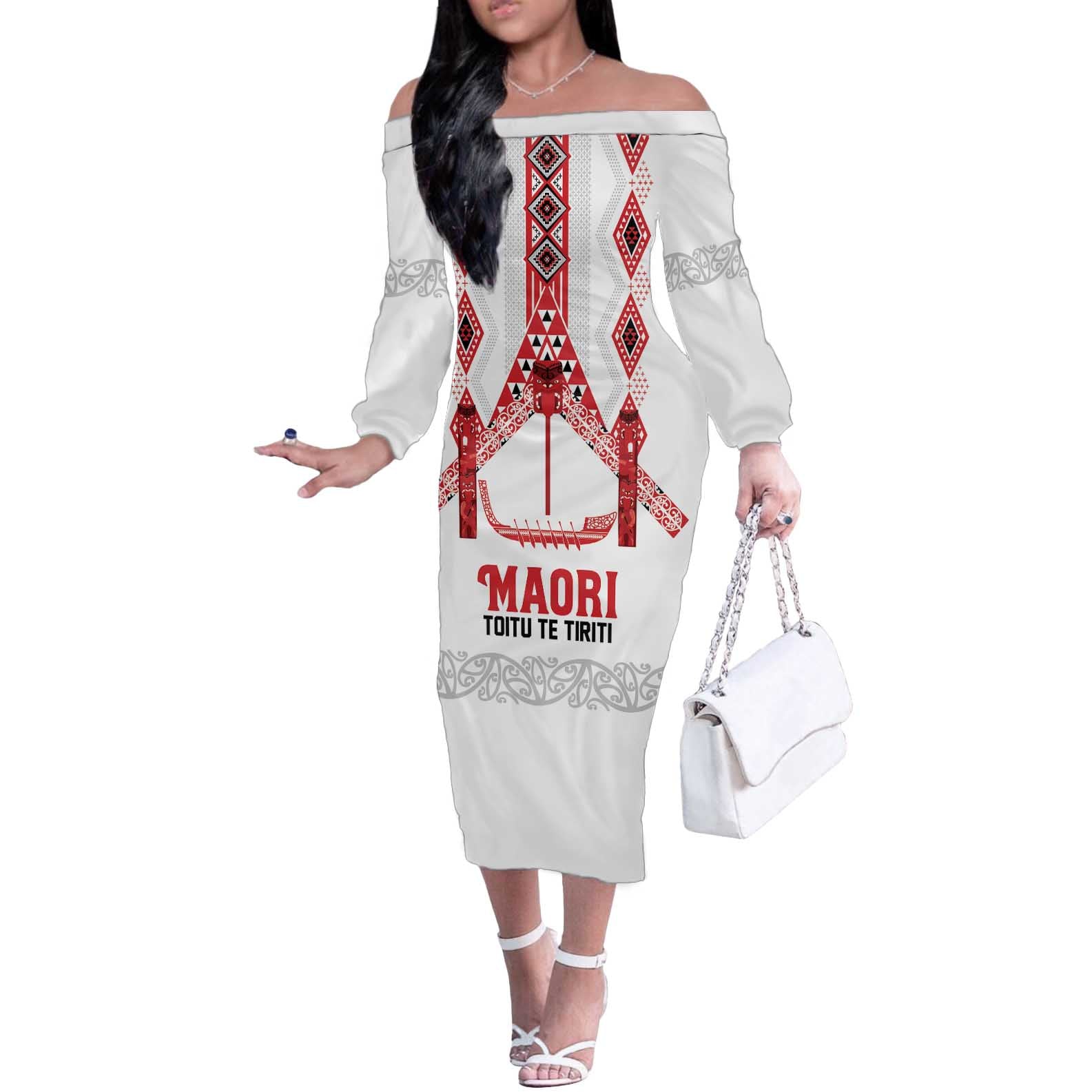 Toitu Te Tiriti Waitangi Off The Shoulder Long Sleeve Dress White Wharenui House - Aussie Hoodie