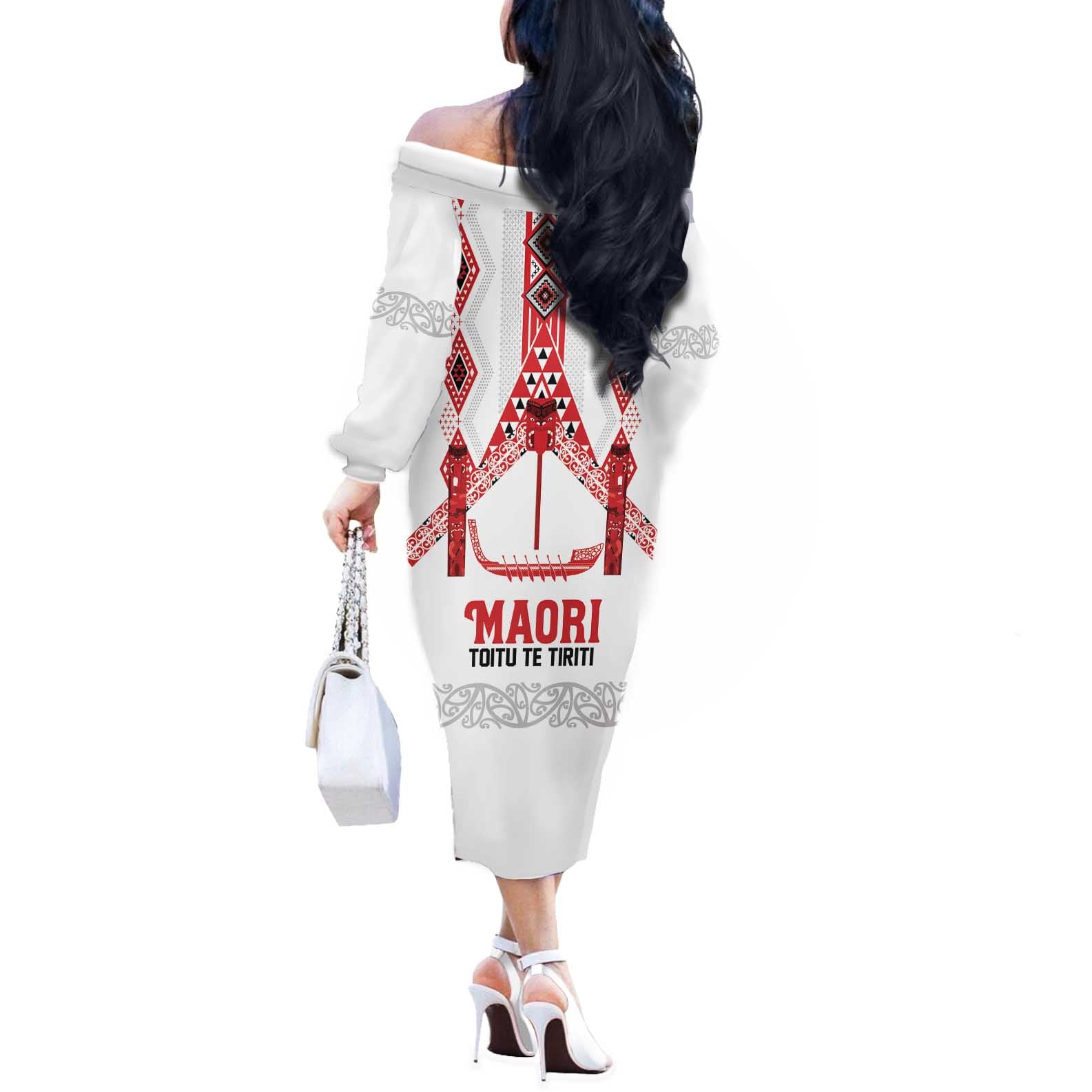 Toitu Te Tiriti Waitangi Off The Shoulder Long Sleeve Dress White Wharenui House - Aussie Hoodie