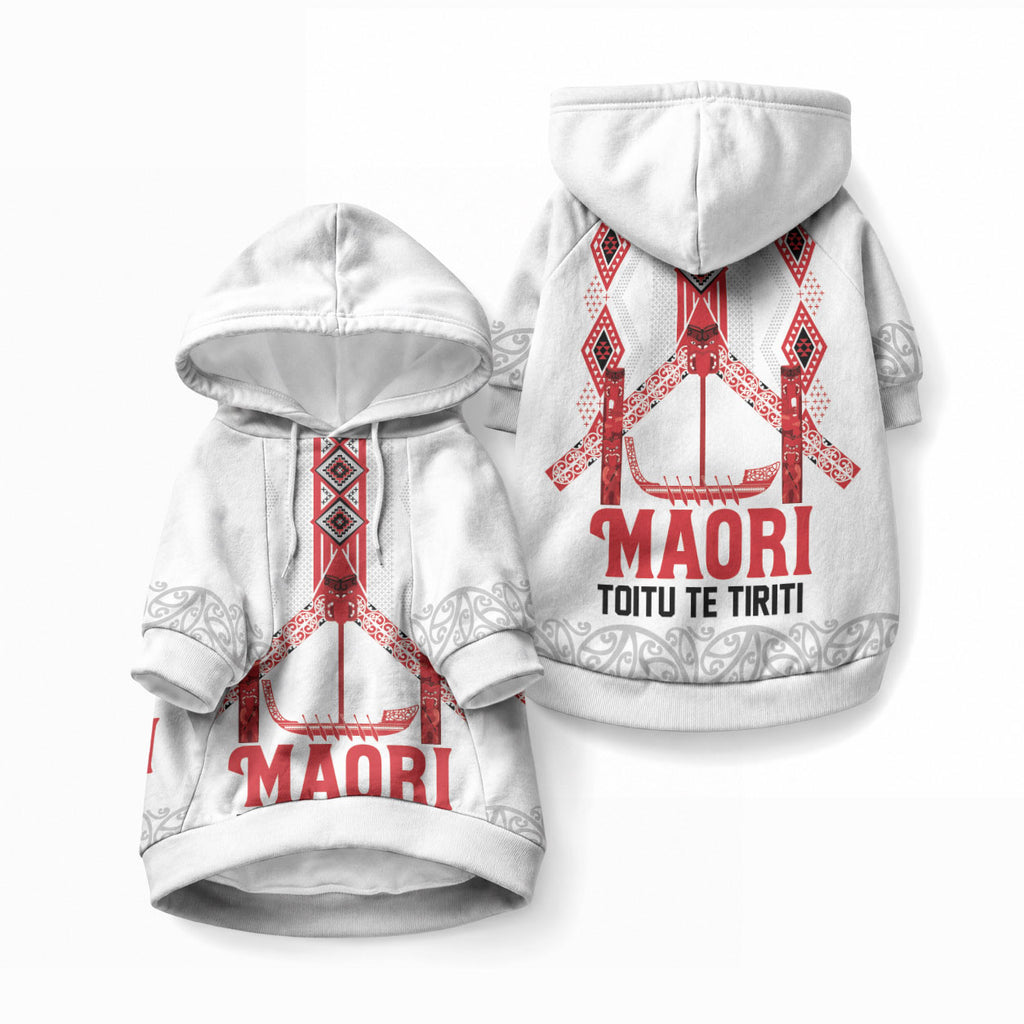 Toitu Te Tiriti Waitangi Pet Hoodie White Wharenui House