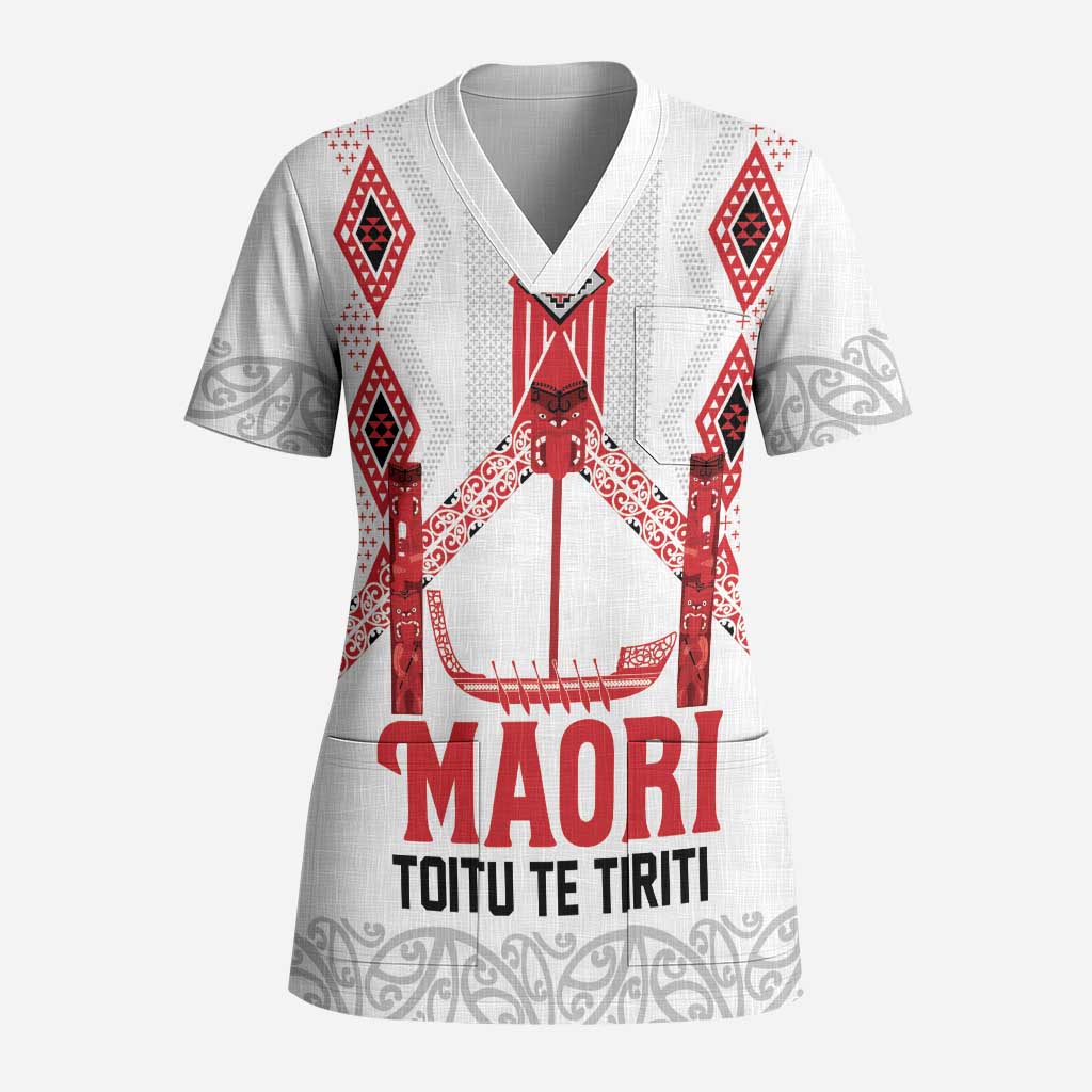 Toitu Te Tiriti Waitangi Scrub Top White Wharenui House - Aussie Hoodie