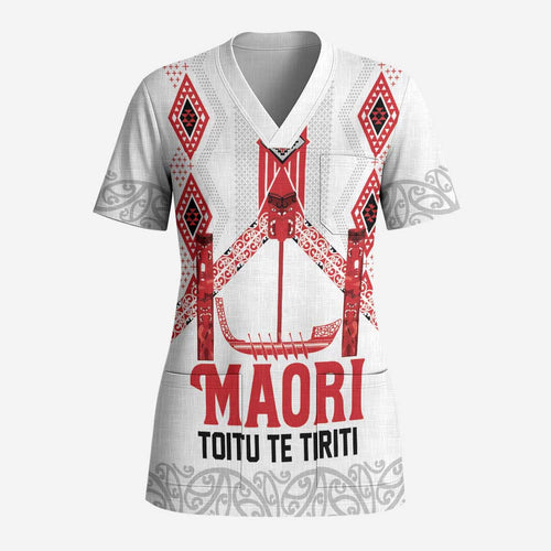 Toitu Te Tiriti Waitangi Scrub Top White Wharenui House - Aussie Hoodie