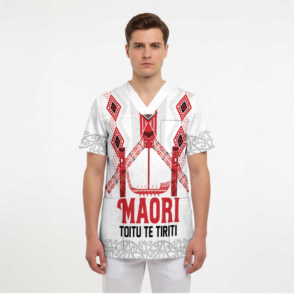 Toitu Te Tiriti Waitangi Scrub Top White Wharenui House - Aussie Hoodie