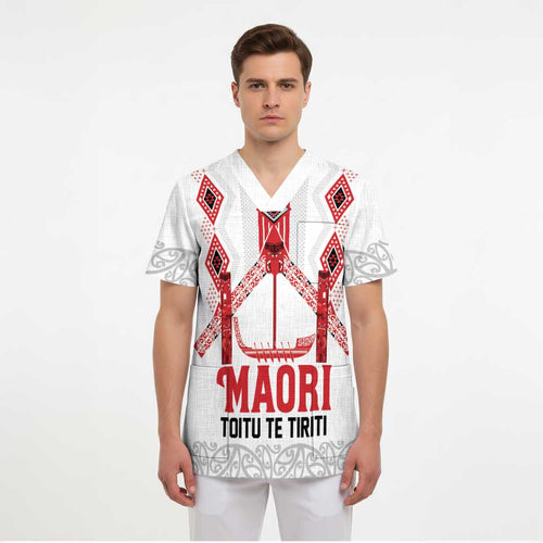 Toitu Te Tiriti Waitangi Scrub Top White Wharenui House - Aussie Hoodie