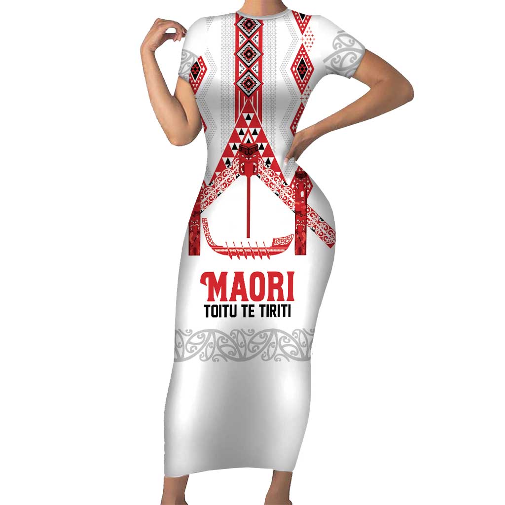 Toitu Te Tiriti Waitangi Short Sleeve Bodycon Dress White Wharenui House - Aussie Hoodie