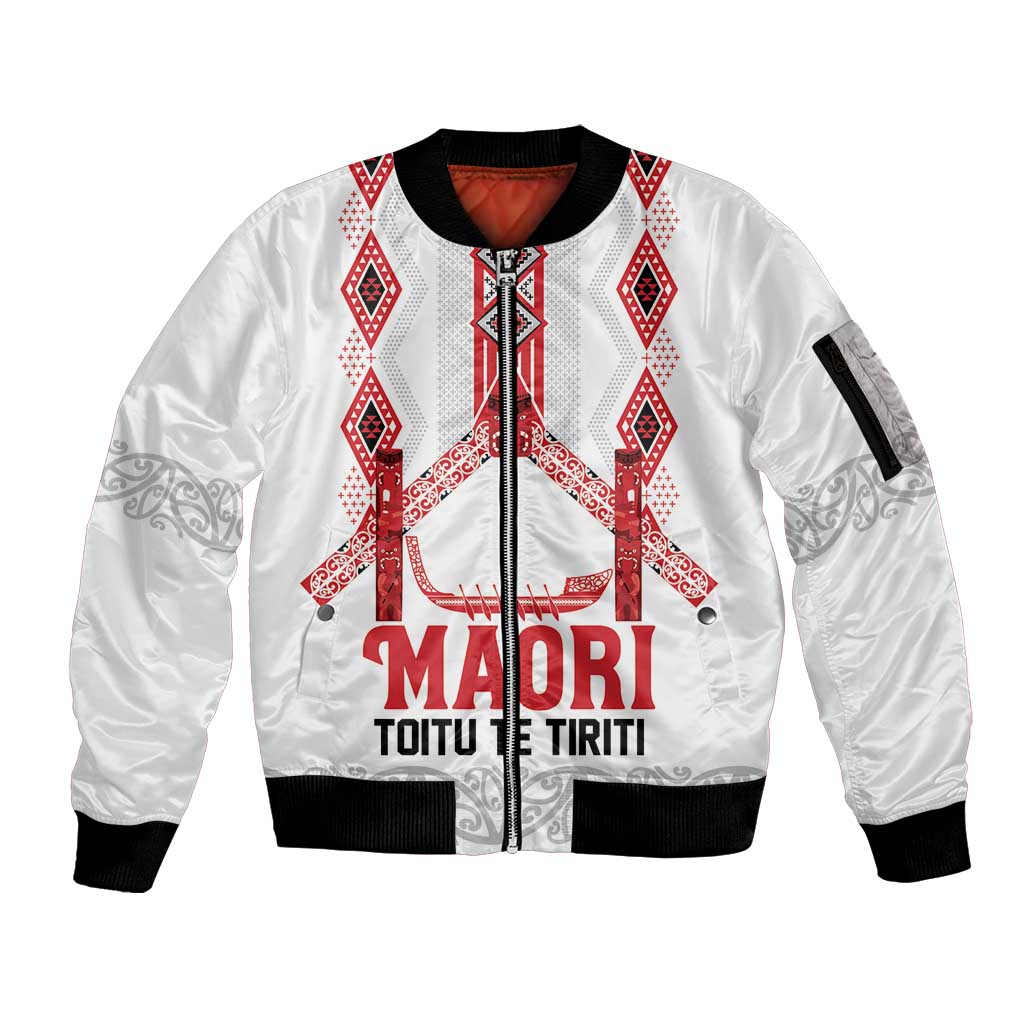 Toitu Te Tiriti Waitangi Sleeve Zip Bomber Jacket White Wharenui House - Aussie Hoodie