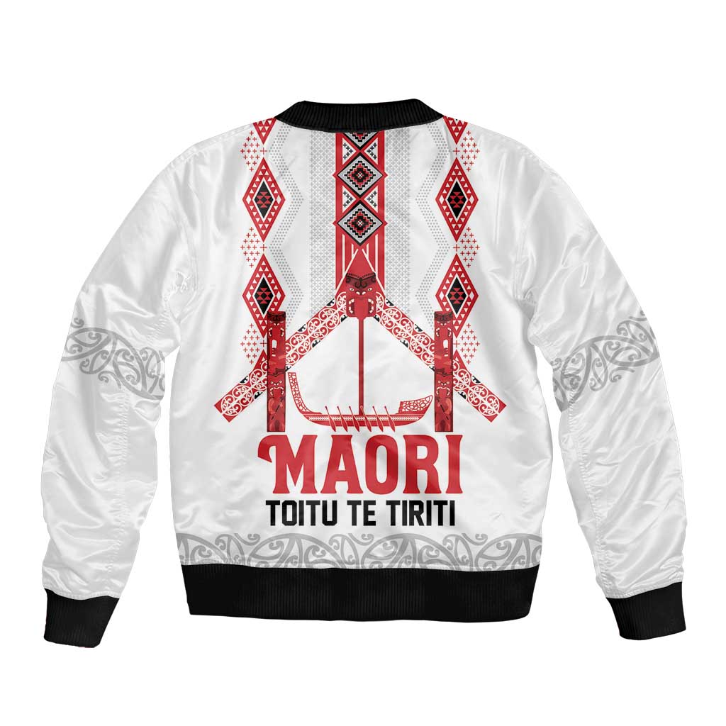 Toitu Te Tiriti Waitangi Sleeve Zip Bomber Jacket White Wharenui House - Aussie Hoodie
