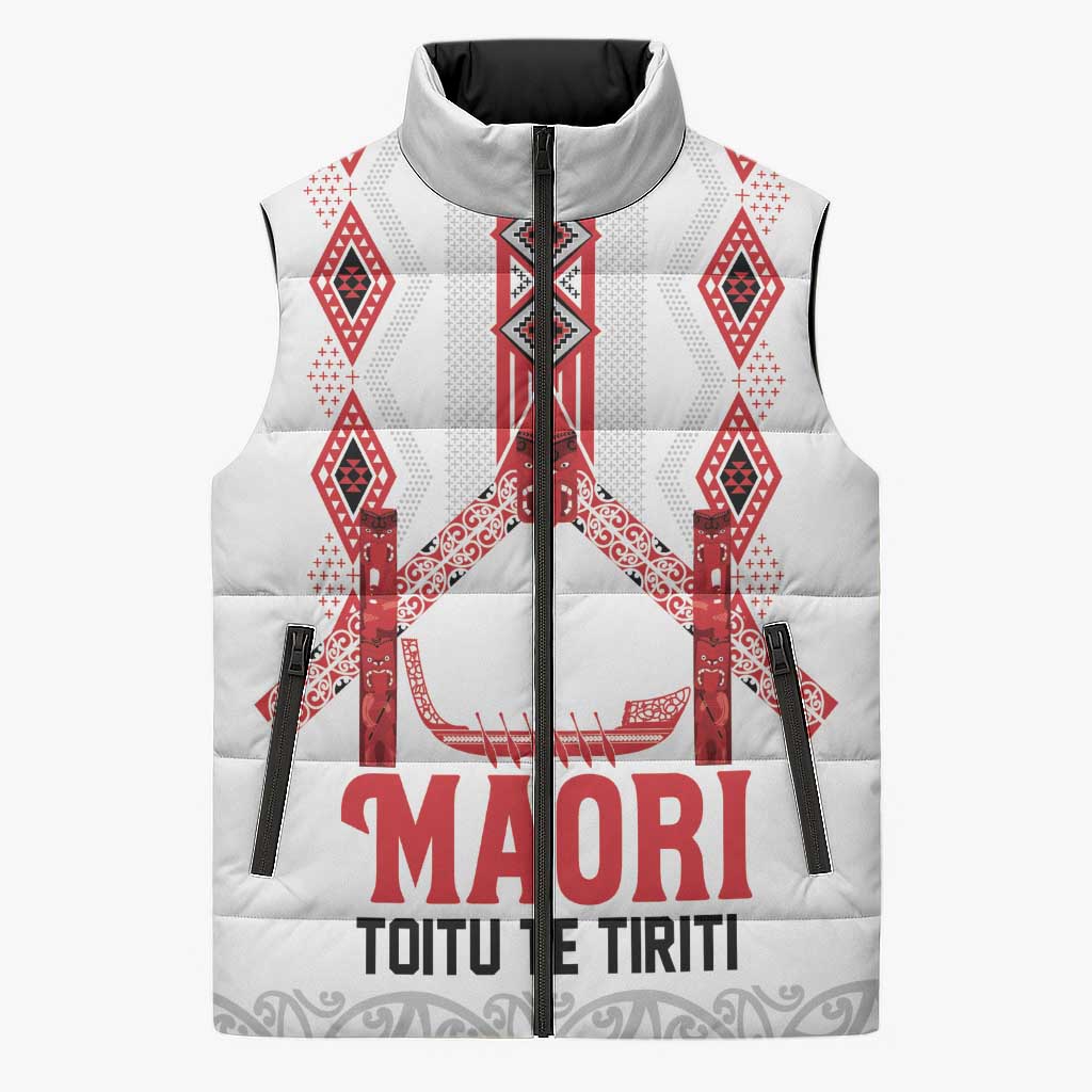 Toitu Te Tiriti Waitangi Sleeveless Puffer Jacket White Wharenui House - Aussie Hoodie