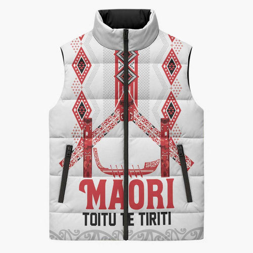 Toitu Te Tiriti Waitangi Sleeveless Puffer Jacket White Wharenui House - Aussie Hoodie