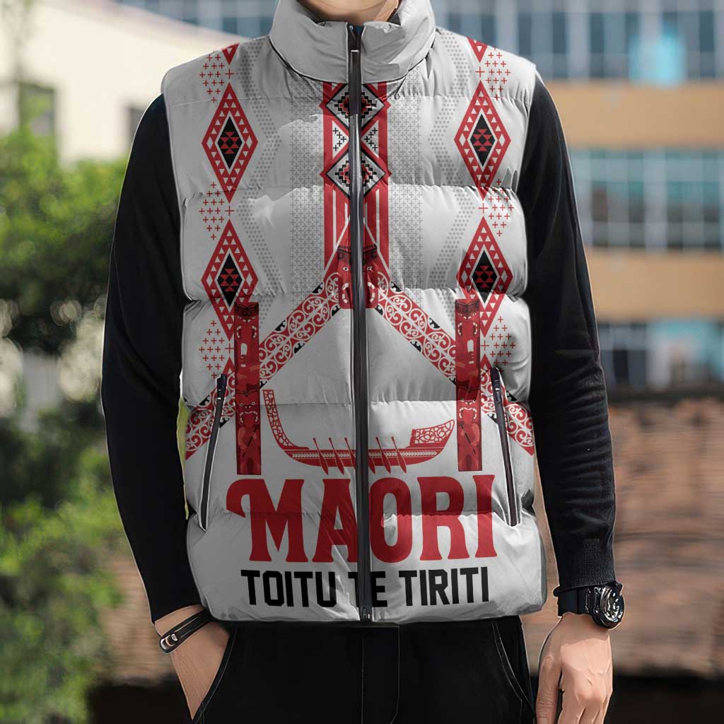 Toitu Te Tiriti Waitangi Sleeveless Puffer Jacket White Wharenui House - Aussie Hoodie