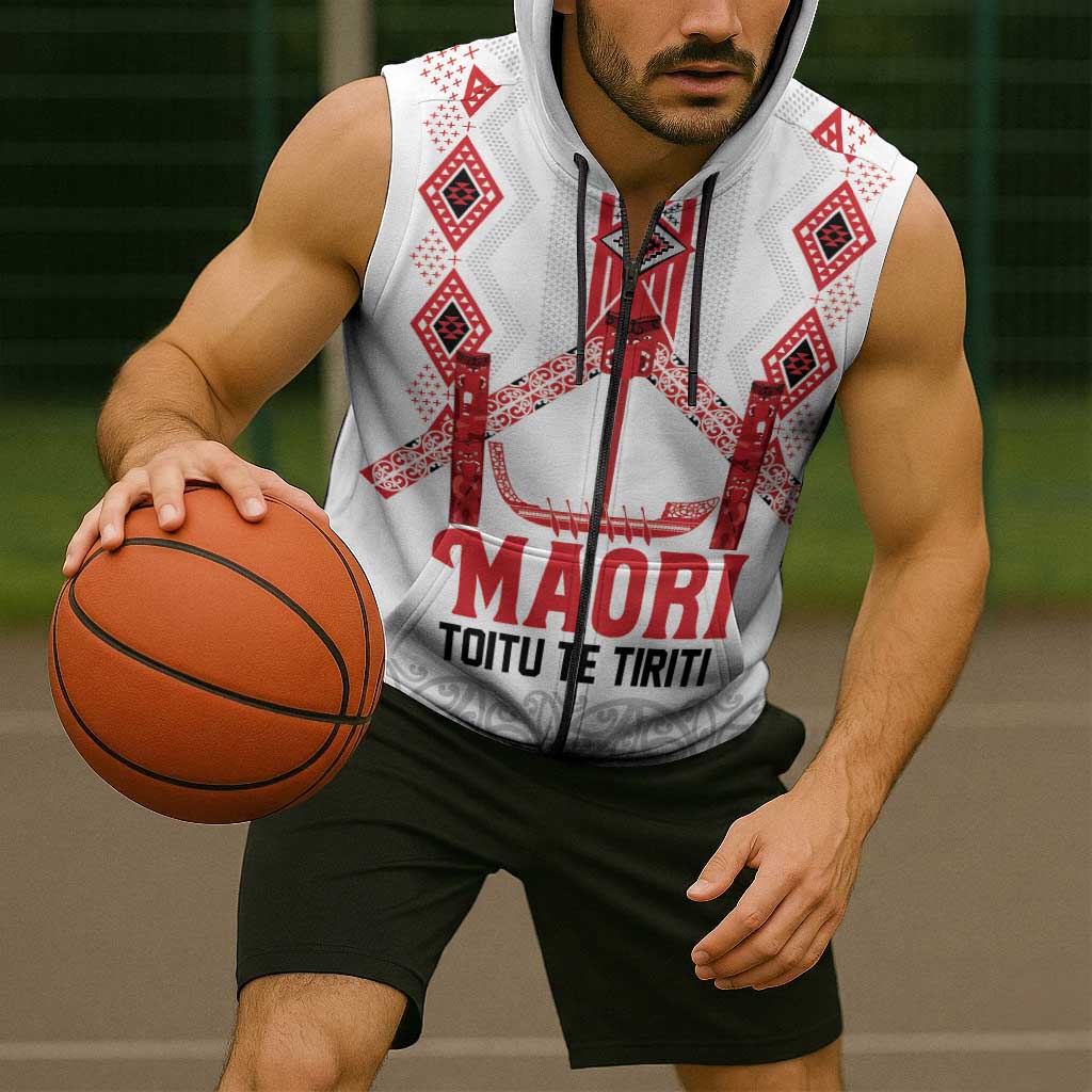 Toitu Te Tiriti Waitangi Sleeveless Zip Hoodie White Wharenui House - Aussie Hoodie