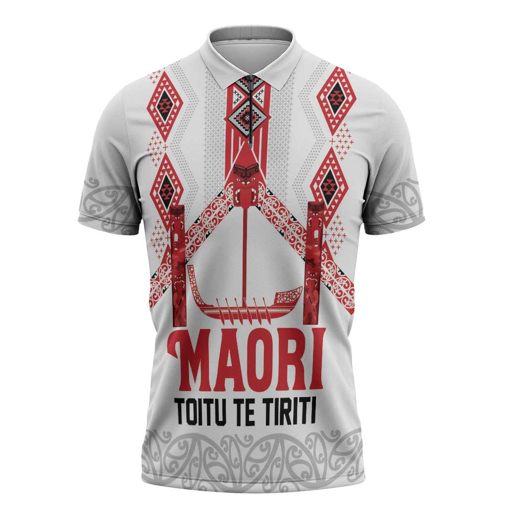 Toitu Te Tiriti Waitangi Zipper Polo Shirt White Wharenui House - Aussie Hoodie
