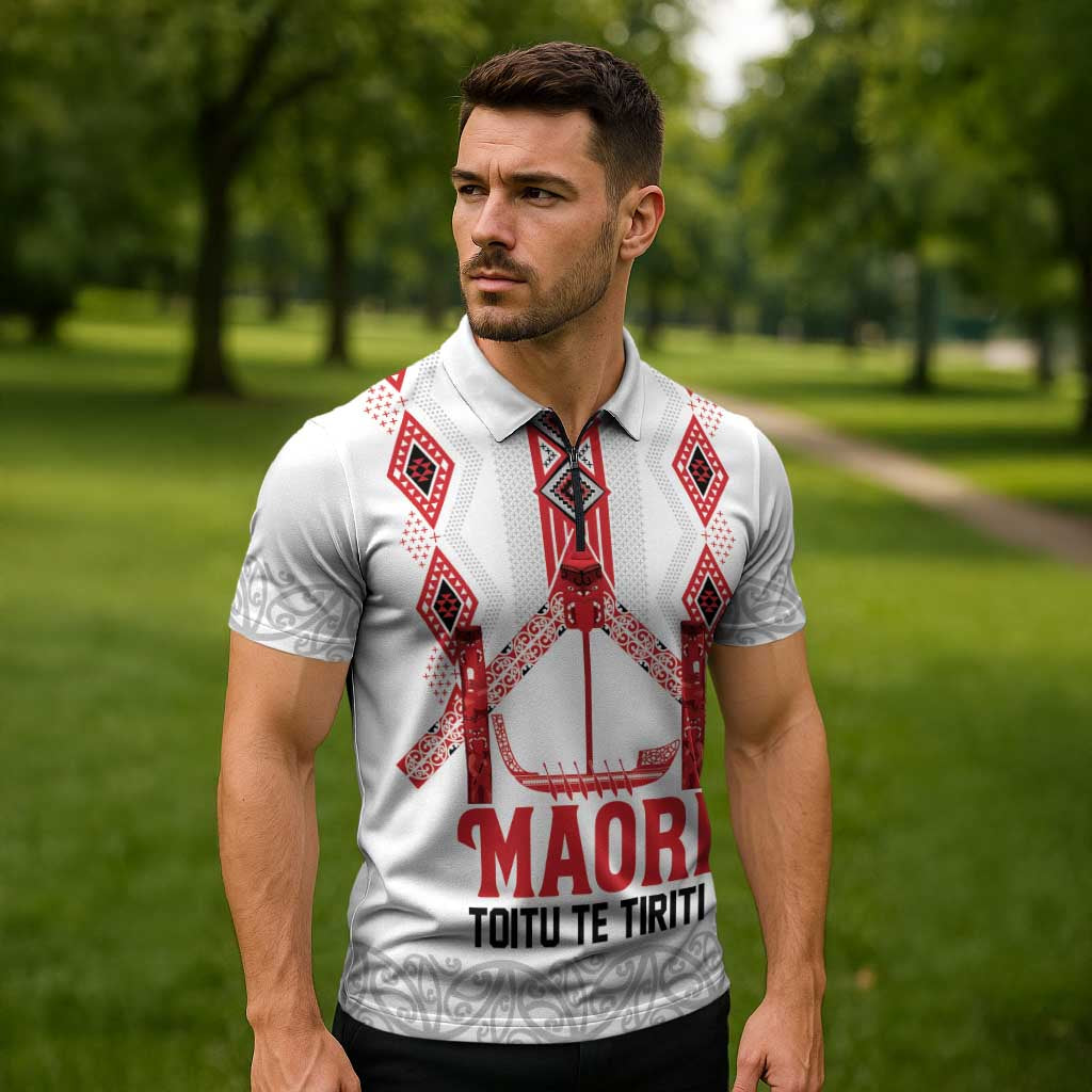 Toitu Te Tiriti Waitangi Zipper Polo Shirt White Wharenui House - Aussie Hoodie