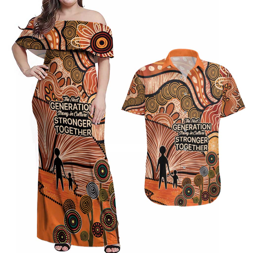 Aboriginal and Torres Strait Islander Children's Day Personalised Couples Matching Off Shoulder Maxi Dress and Hawaiian Shirt The Next Generation Strong in Culture