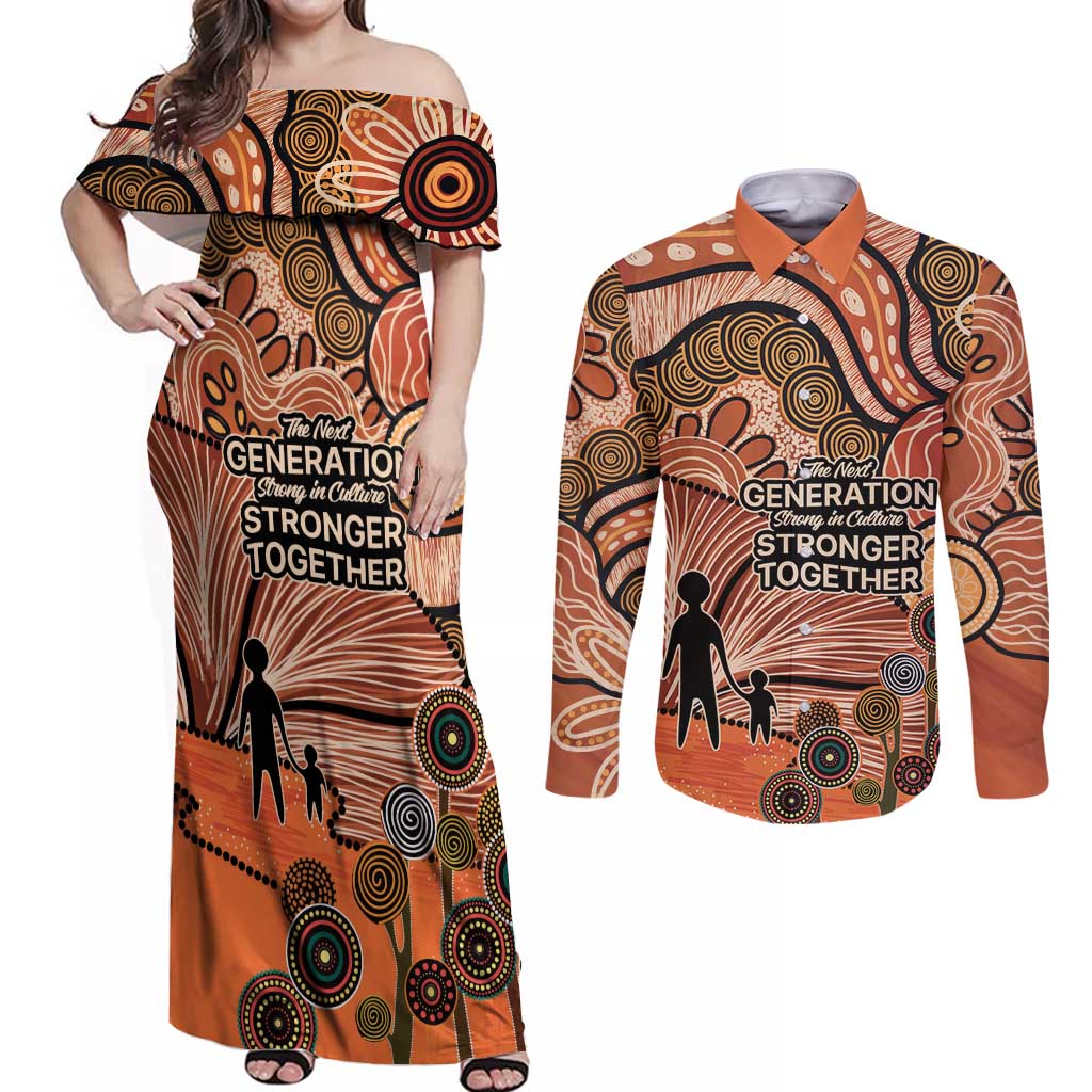 Aboriginal and Torres Strait Islander Children's Day Personalised Couples Matching Off Shoulder Maxi Dress and Long Sleeve Button Shirt The Next Generation Strong in Culture