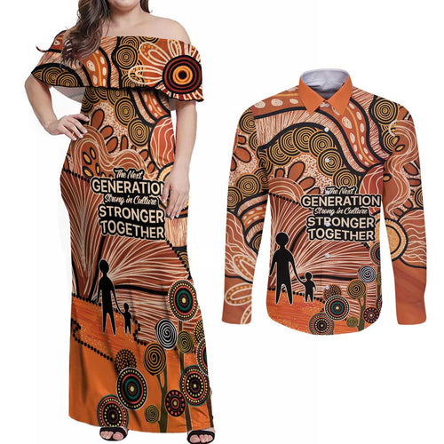 Aboriginal and Torres Strait Islander Children's Day Personalised Couples Matching Off Shoulder Maxi Dress and Long Sleeve Button Shirt The Next Generation Strong in Culture