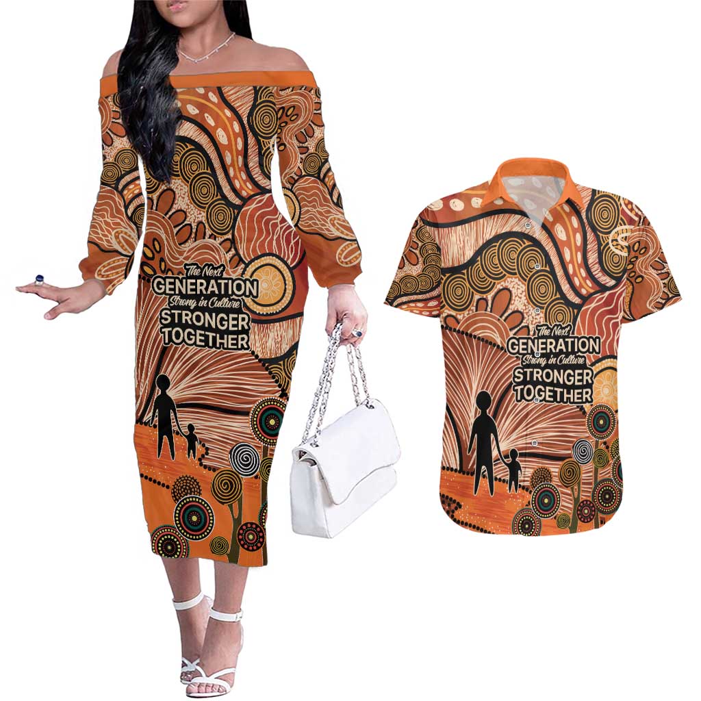 Aboriginal and Torres Strait Islander Children's Day Personalised Couples Matching Off The Shoulder Long Sleeve Dress and Hawaiian Shirt The Next Generation Strong in Culture