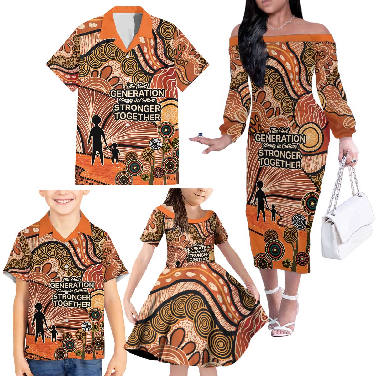 Aboriginal and Torres Strait Islander Children's Day Personalised Family Matching Off The Shoulder Long Sleeve Dress and Hawaiian Shirt The Next Generation Strong in Culture