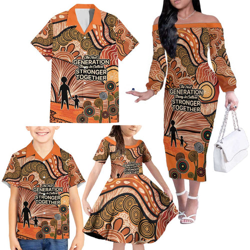 Aboriginal and Torres Strait Islander Children's Day Personalised Family Matching Off The Shoulder Long Sleeve Dress and Hawaiian Shirt The Next Generation Strong in Culture