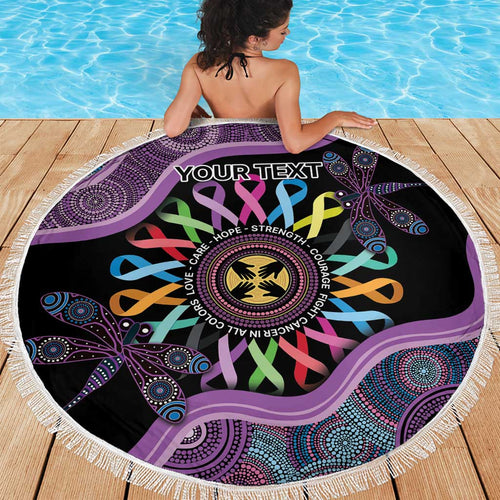 Inspirational Fight Cancers In All Color Personalised Beach Blanket Dragonfly Aboriginal Art