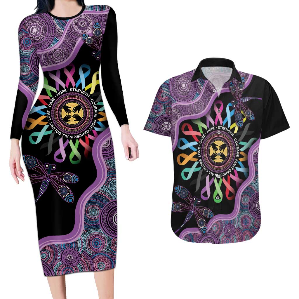 Inspirational Fight Cancers In All Color Personalised Couples Matching Long Sleeve Bodycon Dress and Hawaiian Shirt Dragonfly Aboriginal Art