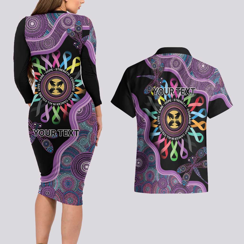Inspirational Fight Cancers In All Color Personalised Couples Matching Long Sleeve Bodycon Dress and Hawaiian Shirt Dragonfly Aboriginal Art