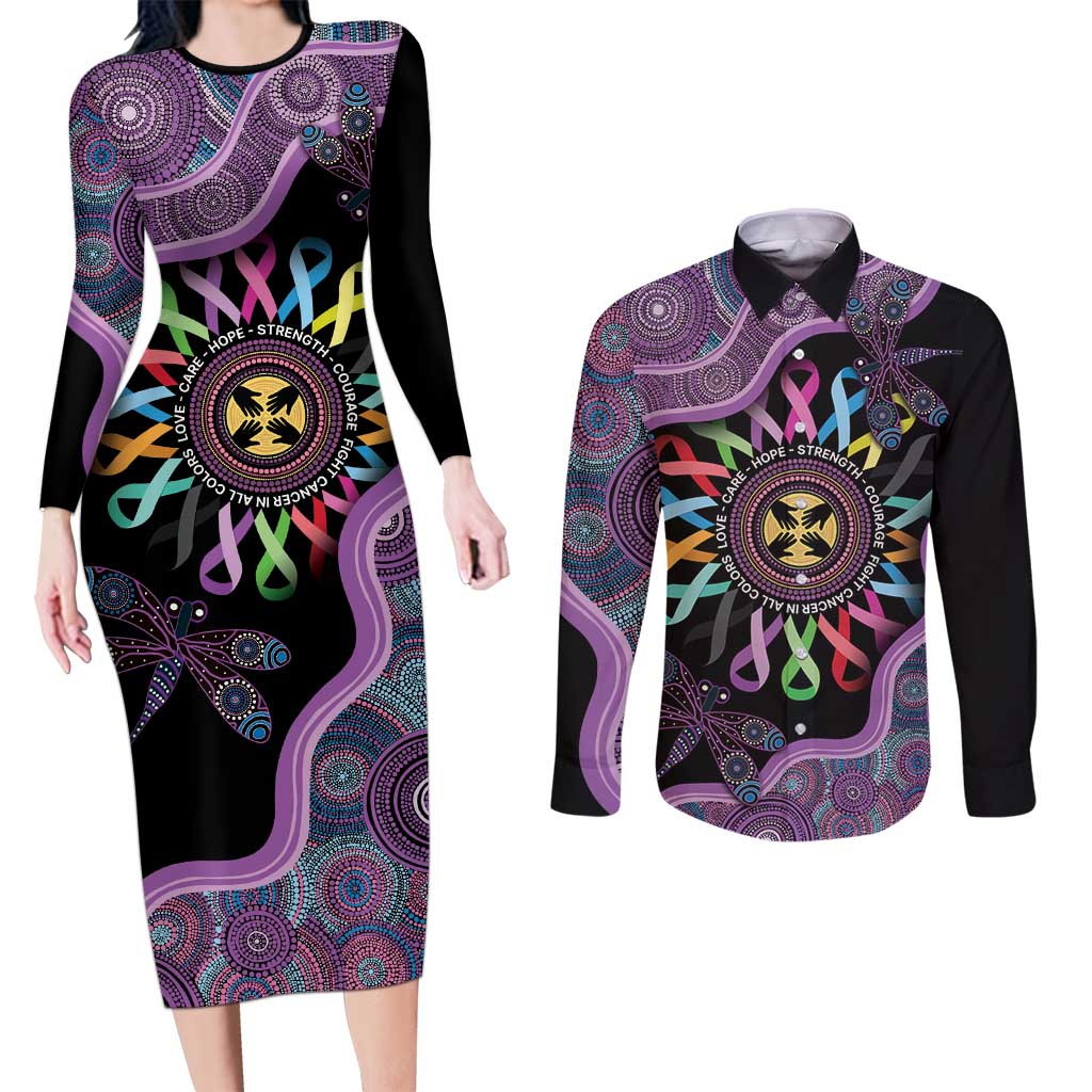 Inspirational Fight Cancers In All Color Personalised Couples Matching Long Sleeve Bodycon Dress and Long Sleeve Button Shirt Dragonfly Aboriginal Art