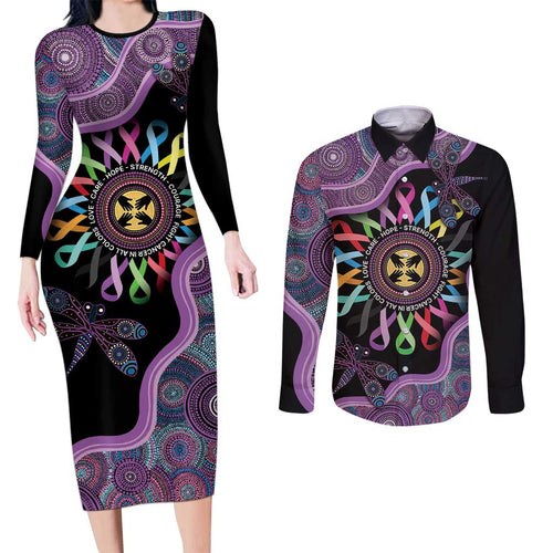 Inspirational Fight Cancers In All Color Personalised Couples Matching Long Sleeve Bodycon Dress and Long Sleeve Button Shirt Dragonfly Aboriginal Art