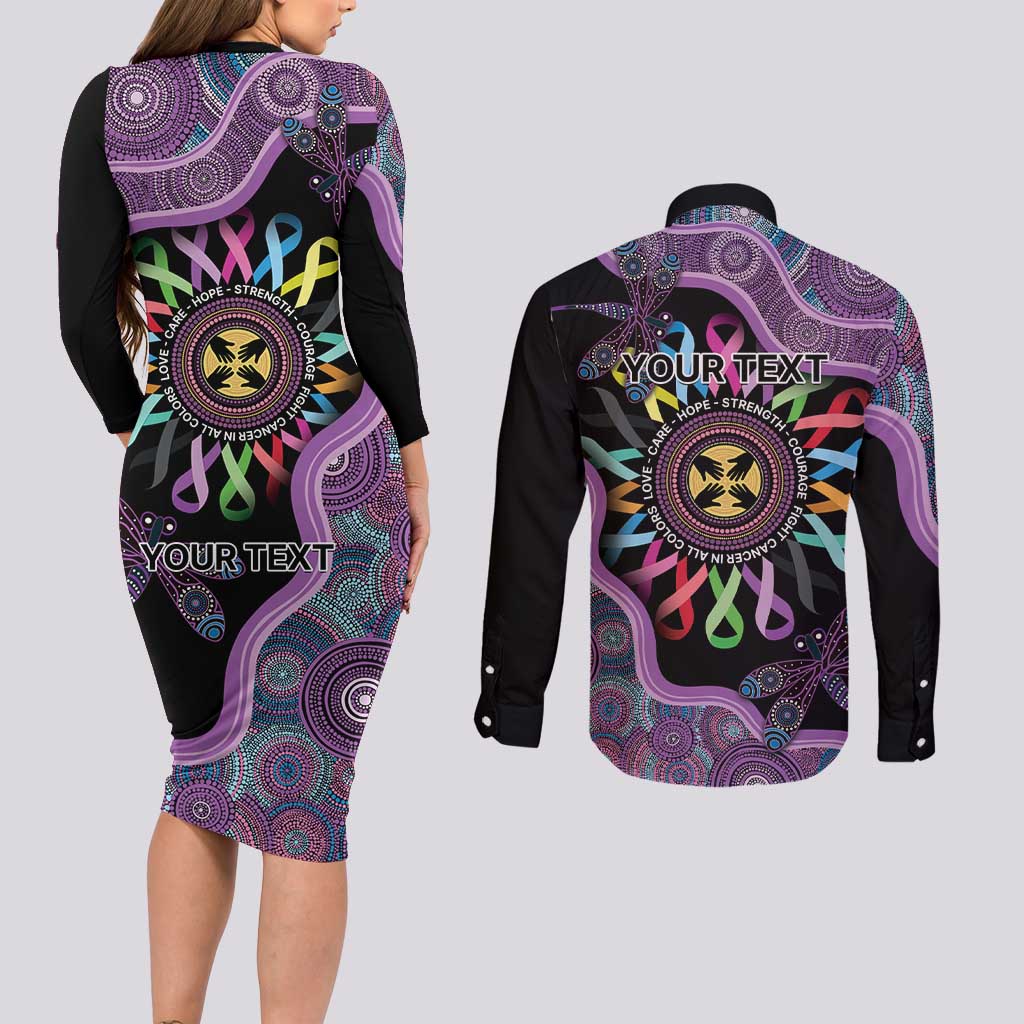 Inspirational Fight Cancers In All Color Personalised Couples Matching Long Sleeve Bodycon Dress and Long Sleeve Button Shirt Dragonfly Aboriginal Art