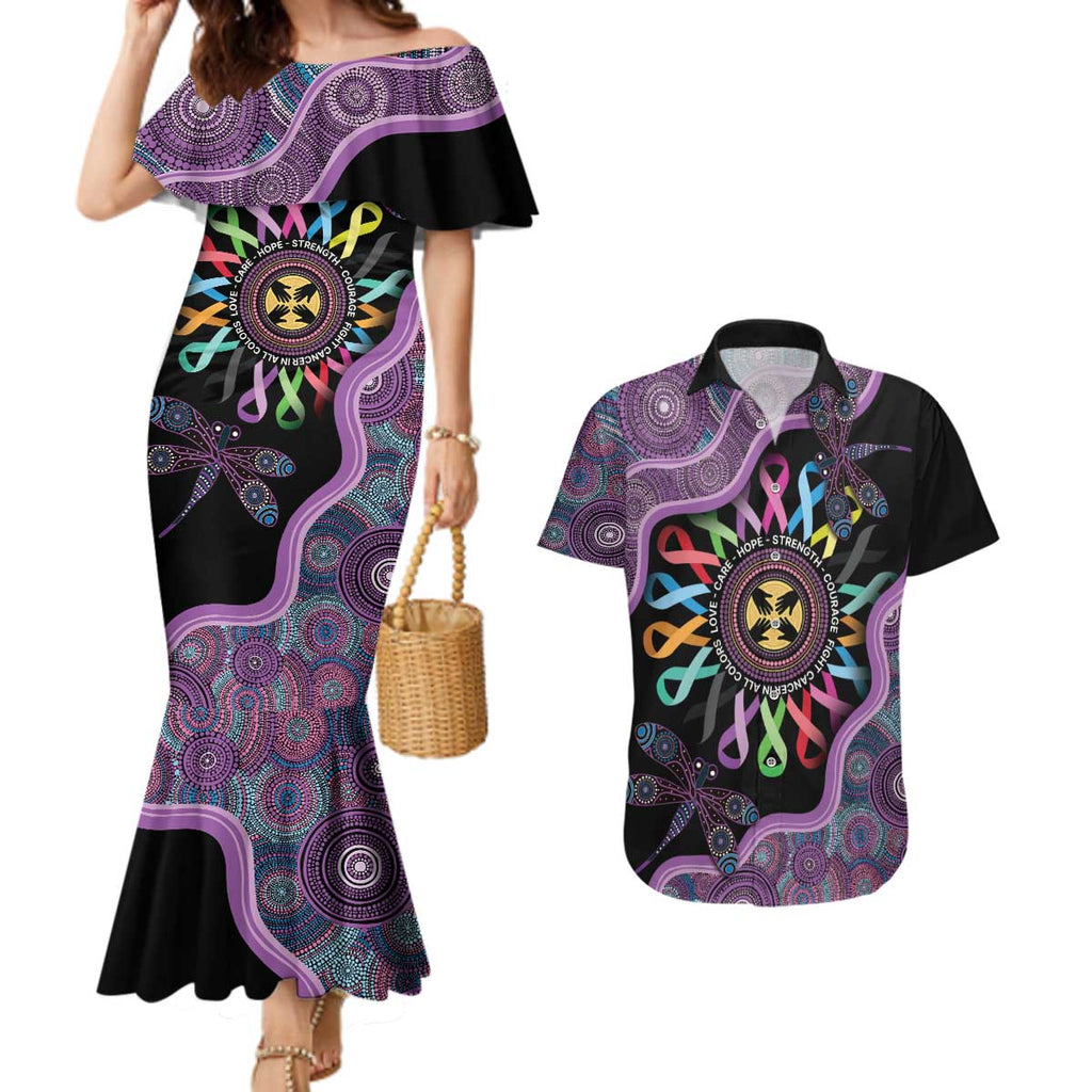 Inspirational Fight Cancers In All Color Personalised Couples Matching Mermaid Dress and Hawaiian Shirt Dragonfly Aboriginal Art