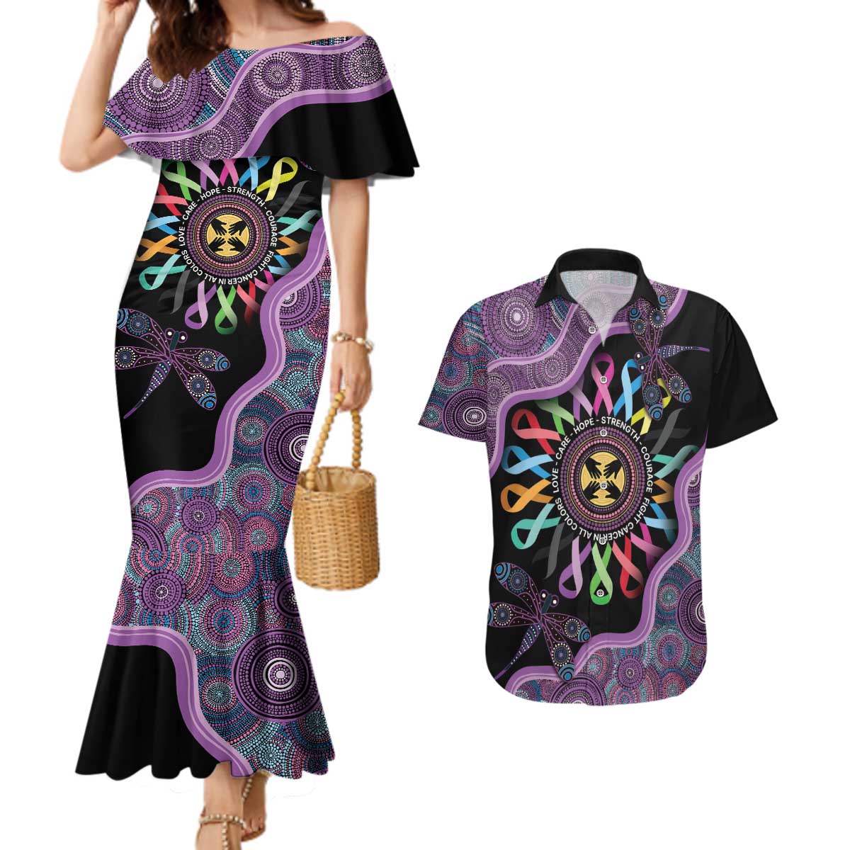 Inspirational Fight Cancers In All Color Personalised Couples Matching Mermaid Dress and Hawaiian Shirt Dragonfly Aboriginal Art