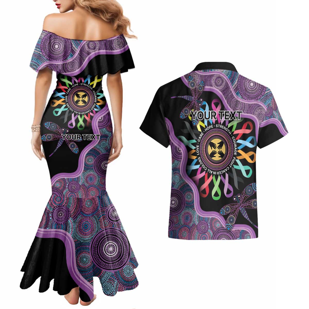 Inspirational Fight Cancers In All Color Personalised Couples Matching Mermaid Dress and Hawaiian Shirt Dragonfly Aboriginal Art