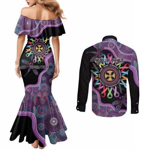 Inspirational Fight Cancers In All Color Personalised Couples Matching Mermaid Dress and Long Sleeve Button Shirt Dragonfly Aboriginal Art