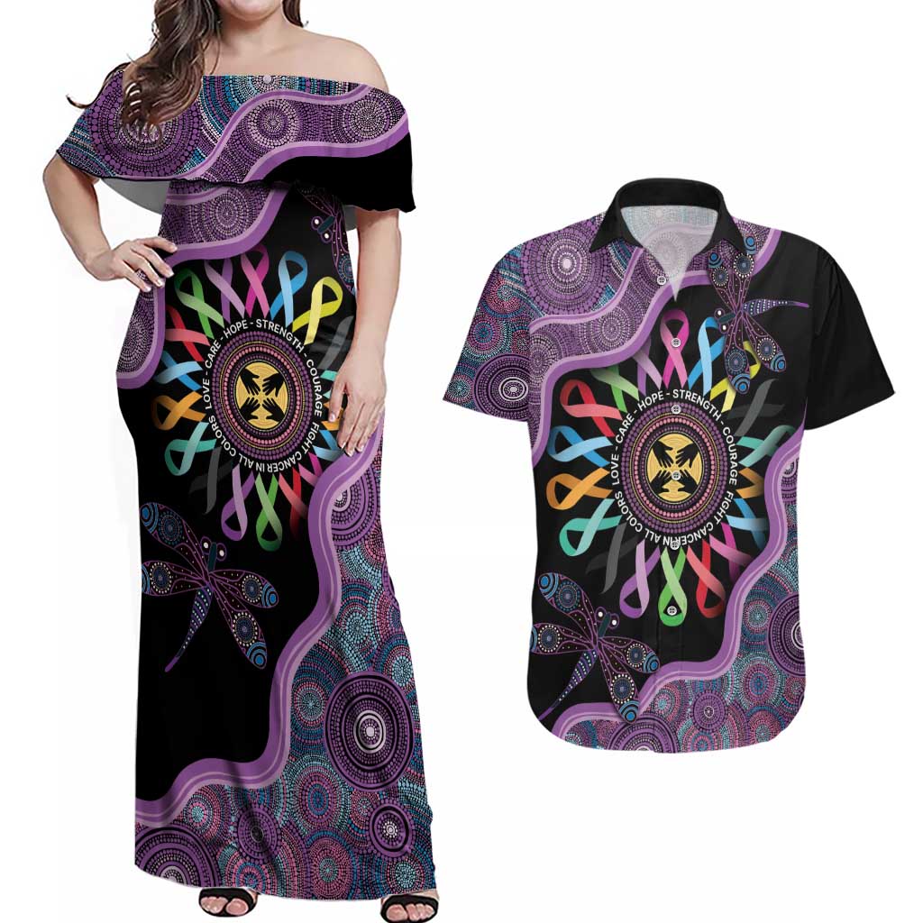 Inspirational Fight Cancers In All Color Personalised Couples Matching Off Shoulder Maxi Dress and Hawaiian Shirt Dragonfly Aboriginal Art