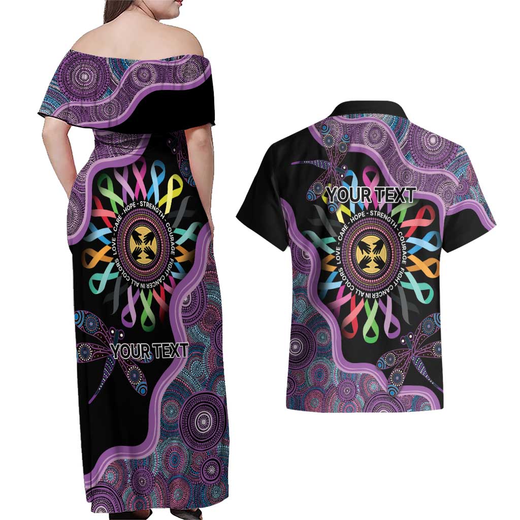 Inspirational Fight Cancers In All Color Personalised Couples Matching Off Shoulder Maxi Dress and Hawaiian Shirt Dragonfly Aboriginal Art