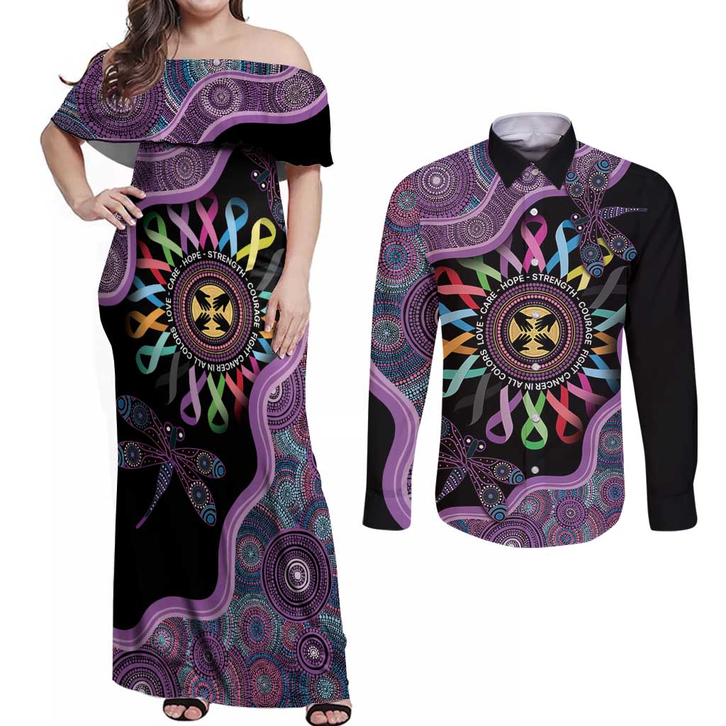 Inspirational Fight Cancers In All Color Personalised Couples Matching Off Shoulder Maxi Dress and Long Sleeve Button Shirt Dragonfly Aboriginal Art