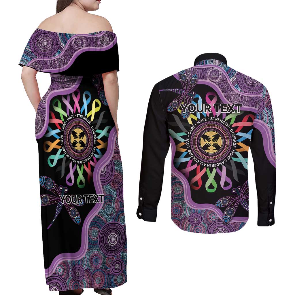 Inspirational Fight Cancers In All Color Personalised Couples Matching Off Shoulder Maxi Dress and Long Sleeve Button Shirt Dragonfly Aboriginal Art