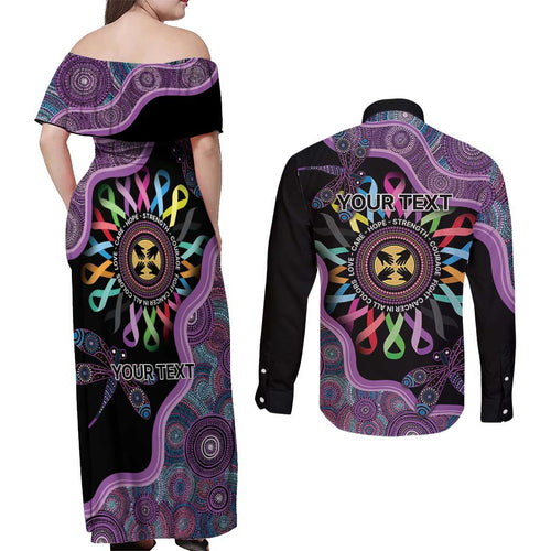 Inspirational Fight Cancers In All Color Personalised Couples Matching Off Shoulder Maxi Dress and Long Sleeve Button Shirt Dragonfly Aboriginal Art