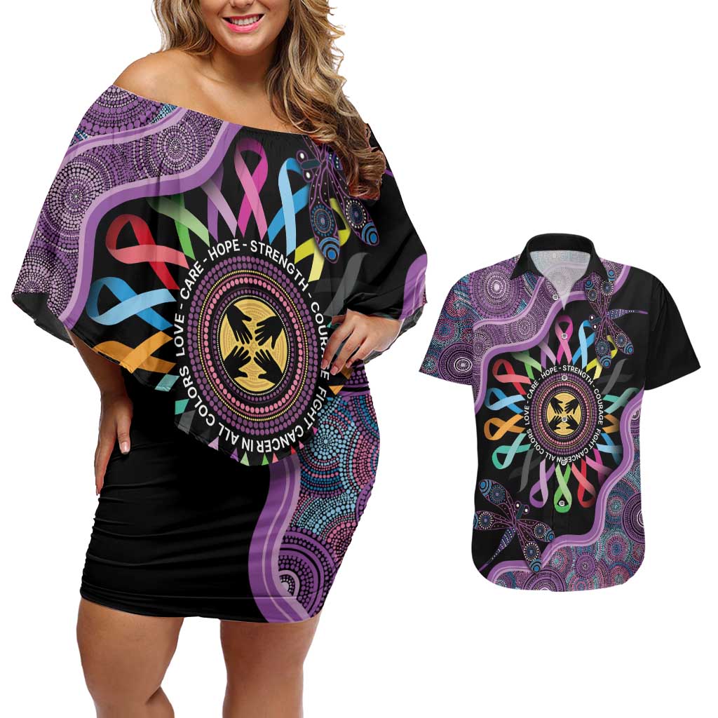Inspirational Fight Cancers In All Color Personalised Couples Matching Off Shoulder Short Dress and Hawaiian Shirt Dragonfly Aboriginal Art