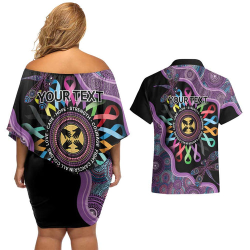 Inspirational Fight Cancers In All Color Personalised Couples Matching Off Shoulder Short Dress and Hawaiian Shirt Dragonfly Aboriginal Art