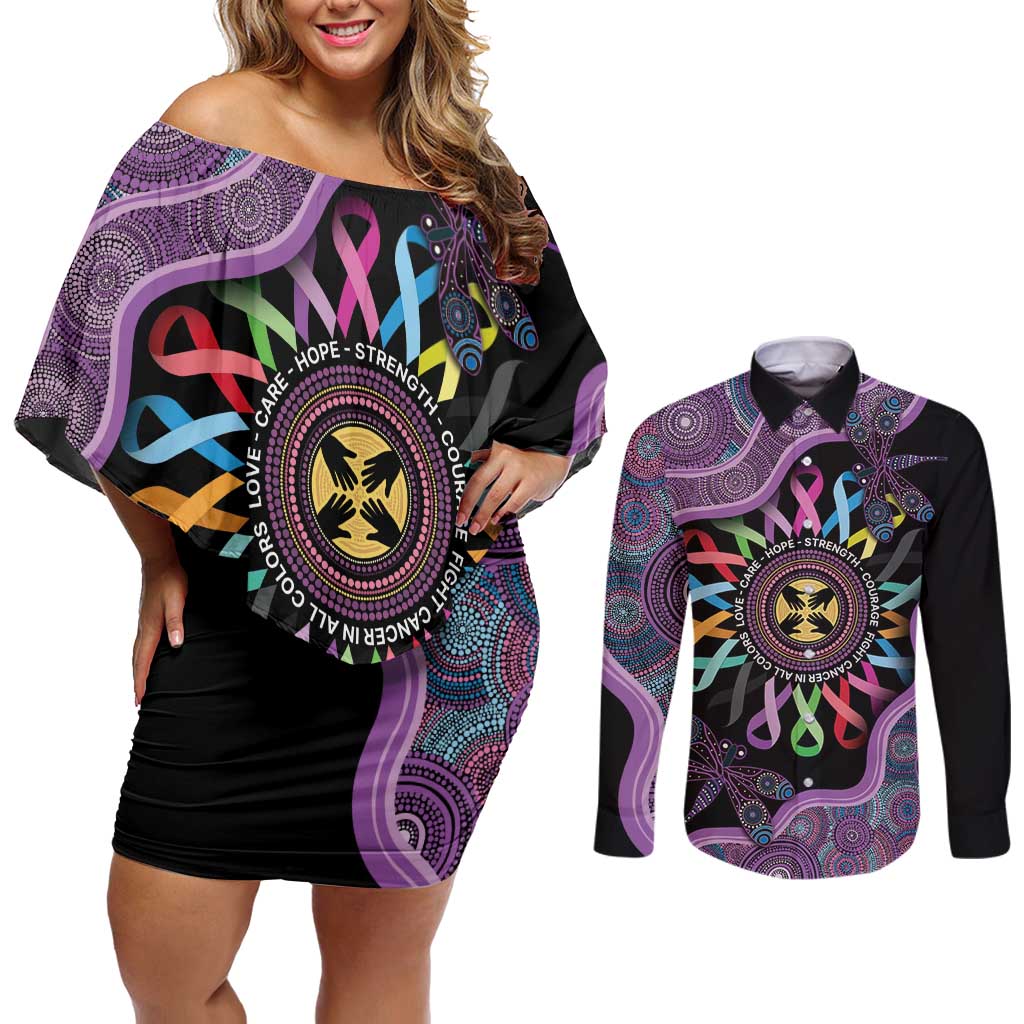 Inspirational Fight Cancers In All Color Personalised Couples Matching Off Shoulder Short Dress and Long Sleeve Button Shirt Dragonfly Aboriginal Art