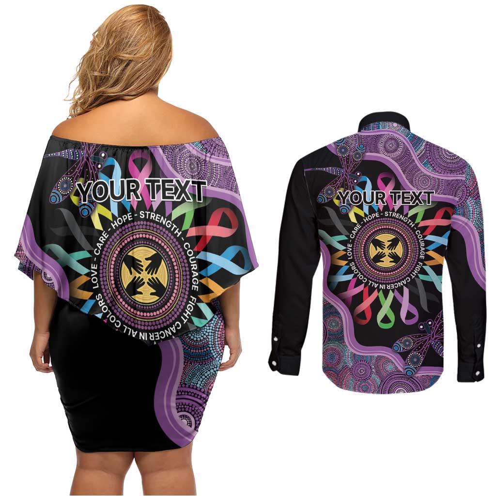 Inspirational Fight Cancers In All Color Personalised Couples Matching Off Shoulder Short Dress and Long Sleeve Button Shirt Dragonfly Aboriginal Art
