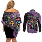 Inspirational Fight Cancers In All Color Personalised Couples Matching Off Shoulder Short Dress and Long Sleeve Button Shirt Dragonfly Aboriginal Art
