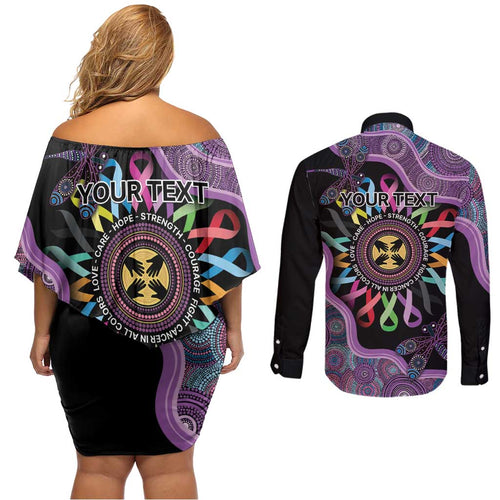 Inspirational Fight Cancers In All Color Personalised Couples Matching Off Shoulder Short Dress and Long Sleeve Button Shirt Dragonfly Aboriginal Art