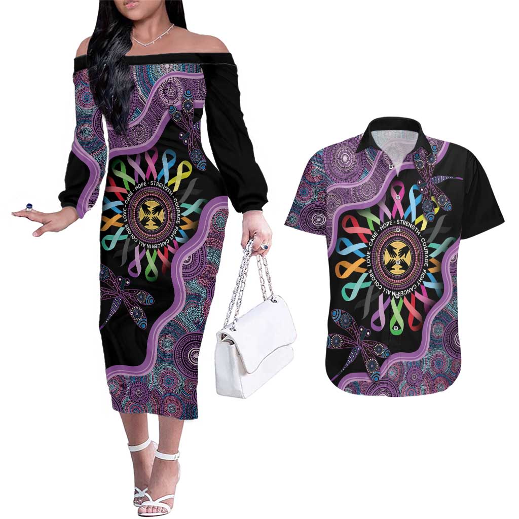 Inspirational Fight Cancers In All Color Personalised Couples Matching Off The Shoulder Long Sleeve Dress and Hawaiian Shirt Dragonfly Aboriginal Art