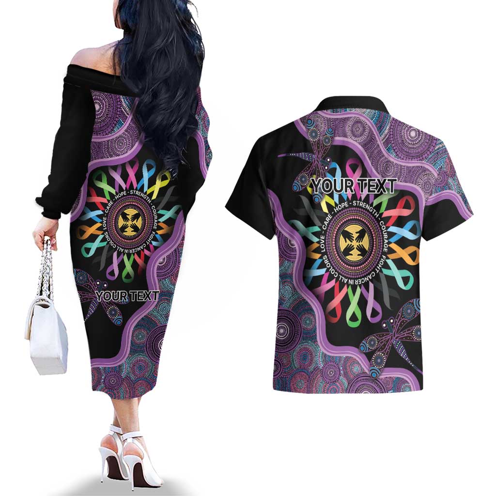 Inspirational Fight Cancers In All Color Personalised Couples Matching Off The Shoulder Long Sleeve Dress and Hawaiian Shirt Dragonfly Aboriginal Art