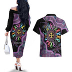 Inspirational Fight Cancers In All Color Personalised Couples Matching Off The Shoulder Long Sleeve Dress and Hawaiian Shirt Dragonfly Aboriginal Art