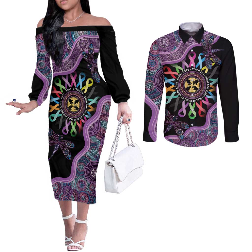 Inspirational Fight Cancers In All Color Personalised Couples Matching Off The Shoulder Long Sleeve Dress and Long Sleeve Button Shirt Dragonfly Aboriginal Art